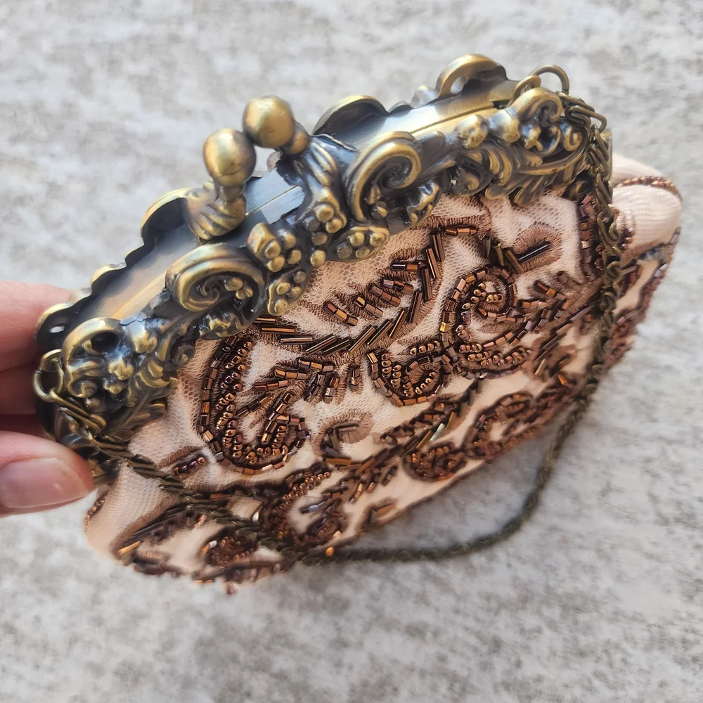 Beaded Embroidered Champagn Cream Vintage Victorian Style Clutch‎